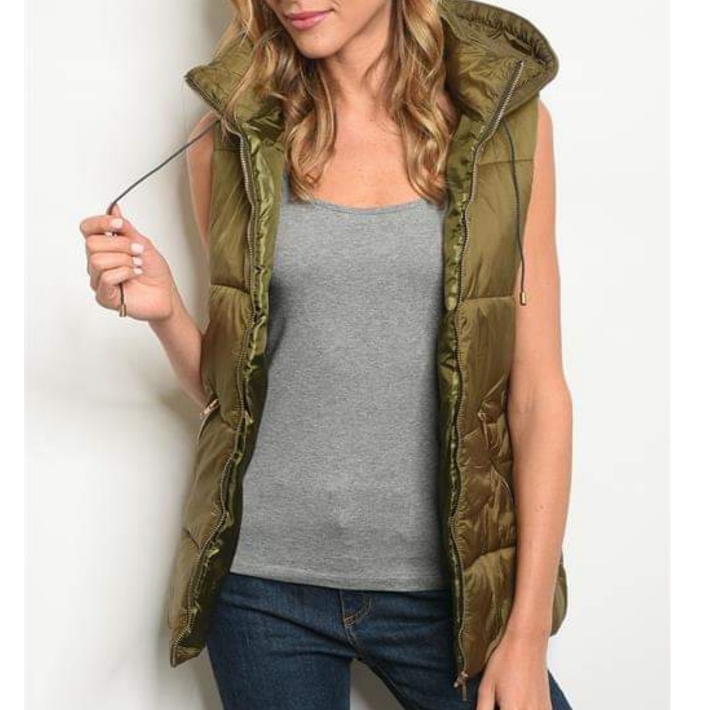 HOODED OLIVE PUFFER VEST - Picture 2 of 4